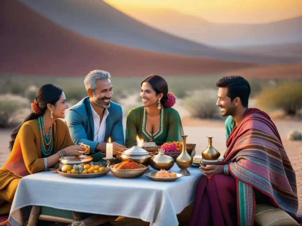 Hospitalidad nómada a través de comida: Familia nómada comparte tradicional cena en el desierto al atardecer