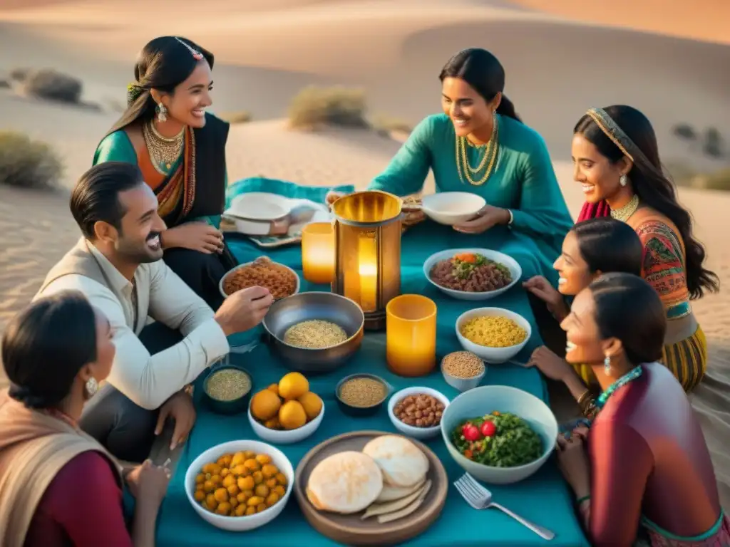 Hospitalidad nómada a través de comida: Familia disfruta de una cena en el desierto al atardecer