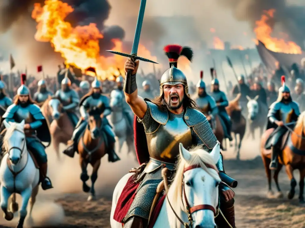 La arremetida feroz de Atila el Huno: ilustración detallada y épica Attila el Huno lidera una feroz carga de caballería, reflejando las estrategias de guerra de los Hunos en una ilustración detallada y dramática