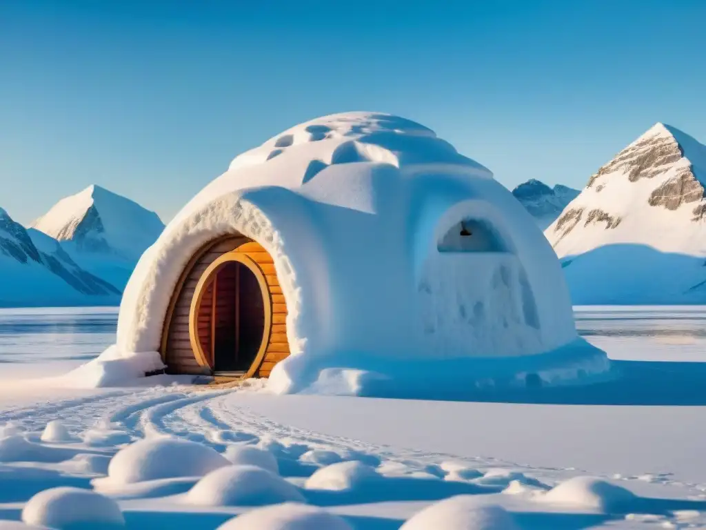 Un iglú inuit tradicional en un paisaje nevado con lago congelado al atardecer