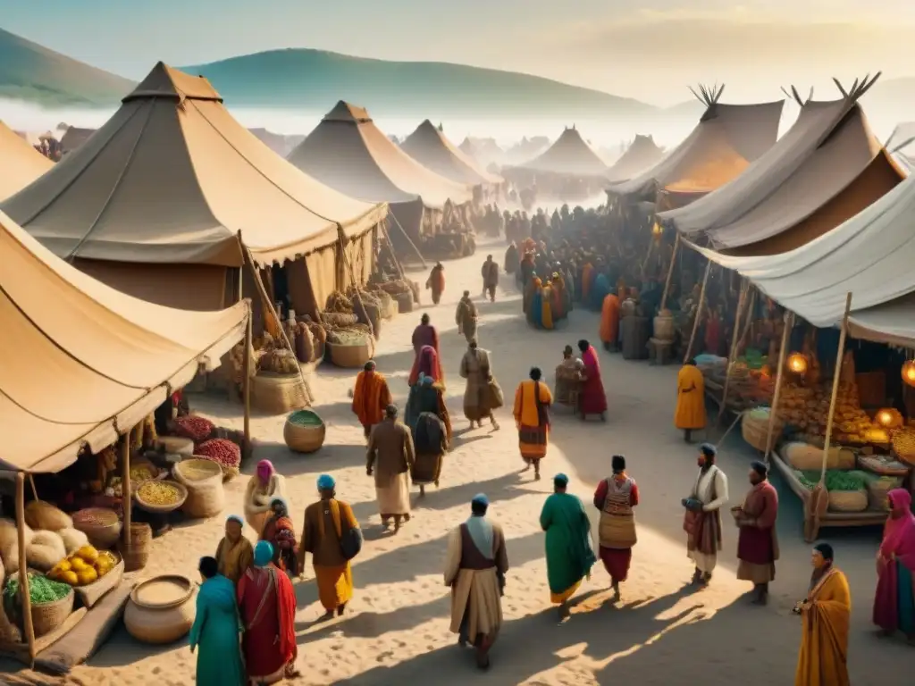 Mercado ancestral: intercambio cultural entre tribus Una ilustración detallada de un animado mercado donde convergen tribus nómadas y sedentarias, intercambiando bienes y culturas