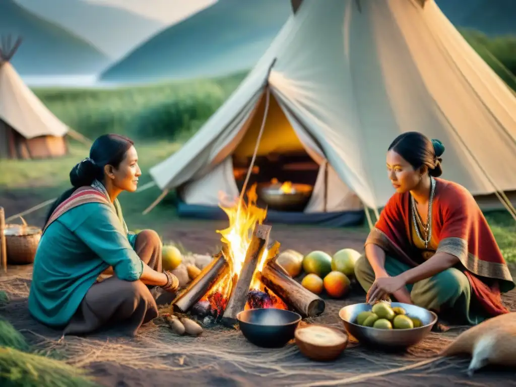 Una ilustración detallada de antiguos nómadas reunidos alrededor de una fogata, cocinando y compartiendo una comida de caza y frutas silvestres