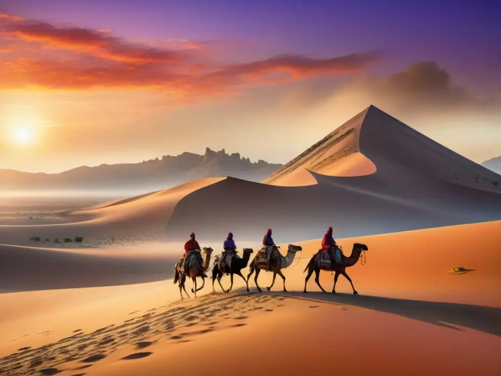 Caravana de nómadas Selyúcidas en el desierto Una ilustración detallada de nómadas selyúcidas viajando en el desierto al atardecer con tiendas tradicionales y camellos