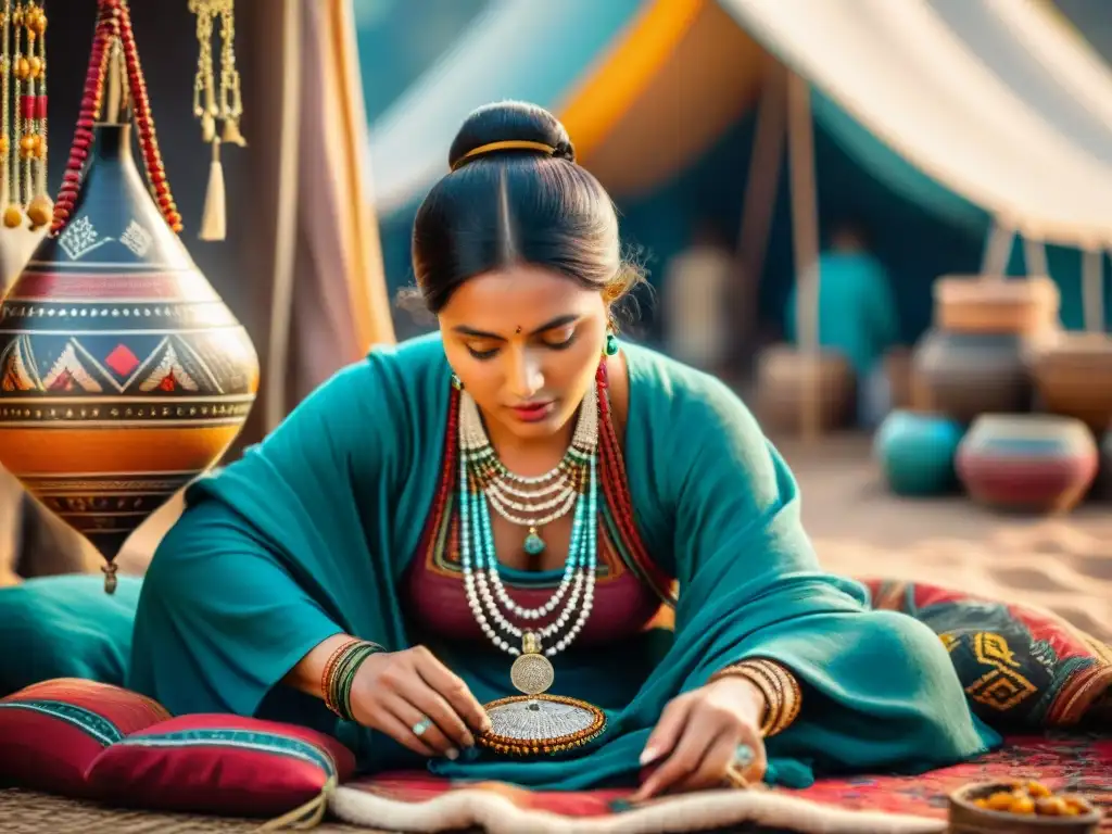 Una ilustración detallada de una tribu nómada con ornamentación tradicional, reflejando la belleza del Arte de la ornamentación en tribus nómadas