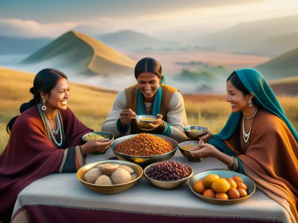 Una ilustración detallada de una tribu nómada celebrando rituales con comida tradicional en la estepa