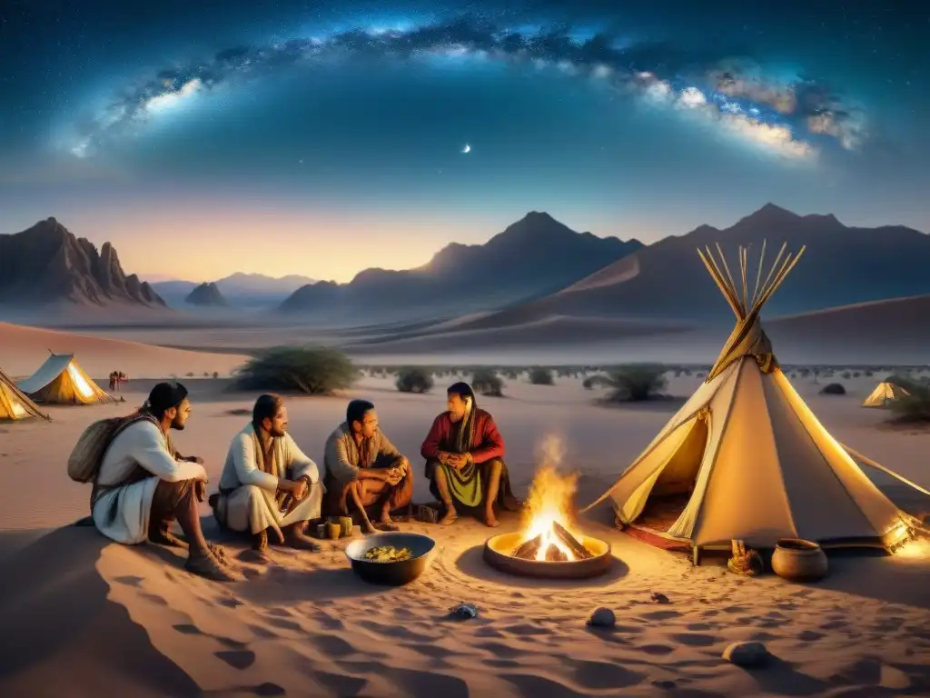 Una ilustración detallada de una tribu nómada montando campamento en un desierto bajo un cielo estrellado