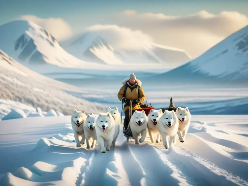 Una ilustración detallada de una tribu Samoyed en el Ártico, adaptándose y sobreviviendo en la tundra con sus perros tirando trineos