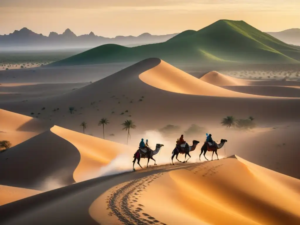 Desierto dorado: caravana nómada hacia el oasis Una ilustración detallada de un vasto paisaje desértico con tribus nómadas y camellos, evocando la predicción de migraciones de tribus nómadas