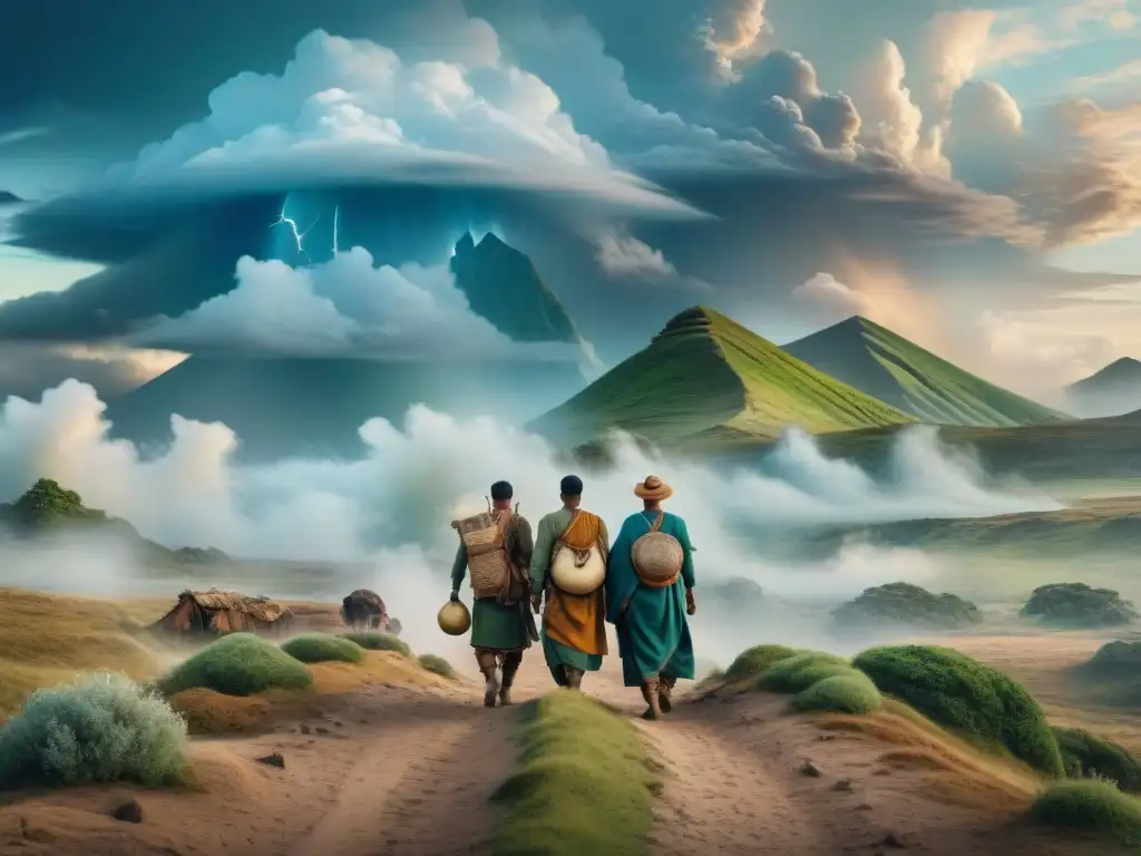 Viaje épico de tribus nómadas: ilustración vintage detallada Una ilustración detallada y vintage de tribus nómadas atravesando un paisaje cambiante, evocando determinación y resiliencia