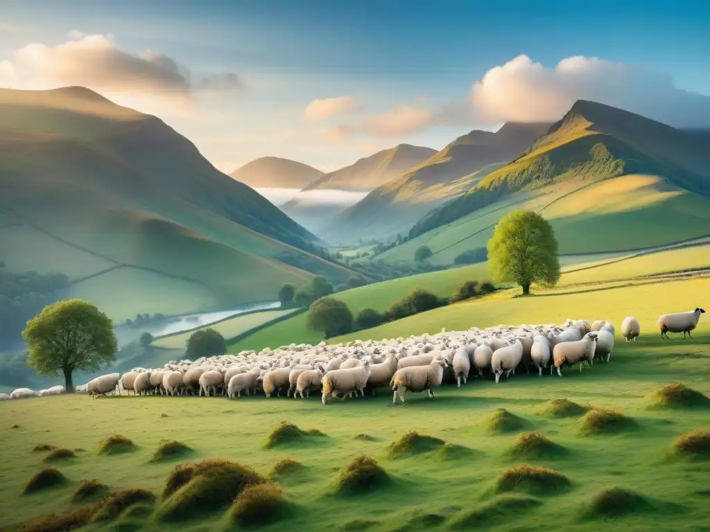 Una ilustración impresionante de métodos tradicionales de pastoreo en ecosistemas, con pastores y ovejas en un paisaje rural sereno y hermoso