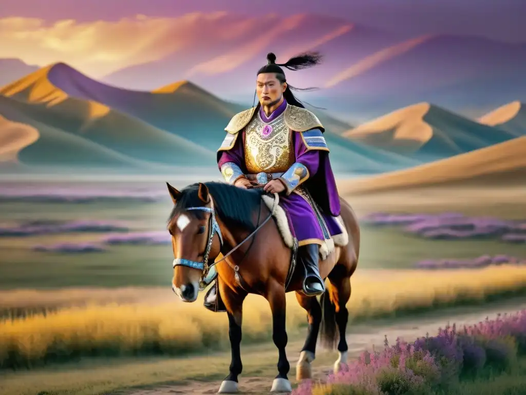 Imagen de Genghis Khan en armadura mongol, sobre un caballo majestuoso en las estepas de Mongolia al atardecer