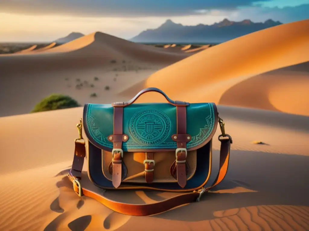 Una imagen de una cartera de cuero adornada con símbolos tribales en el desierto al atardecer