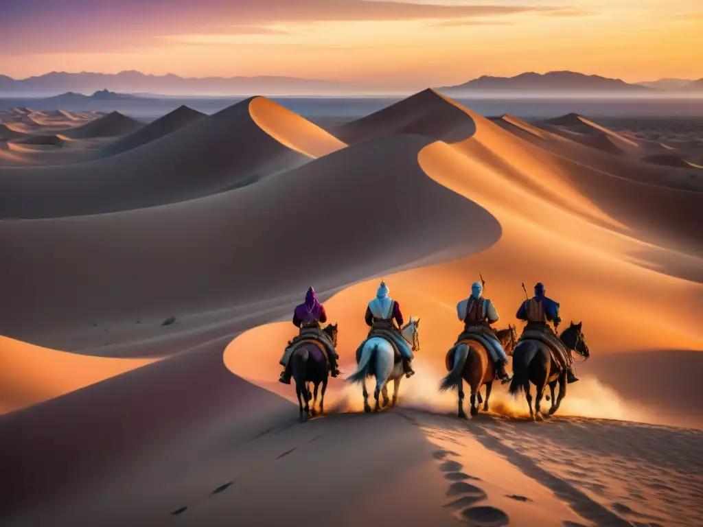 Imagen detallada de guerreros nómadas en un desierto al atardecer, con banners coloridos ondeando