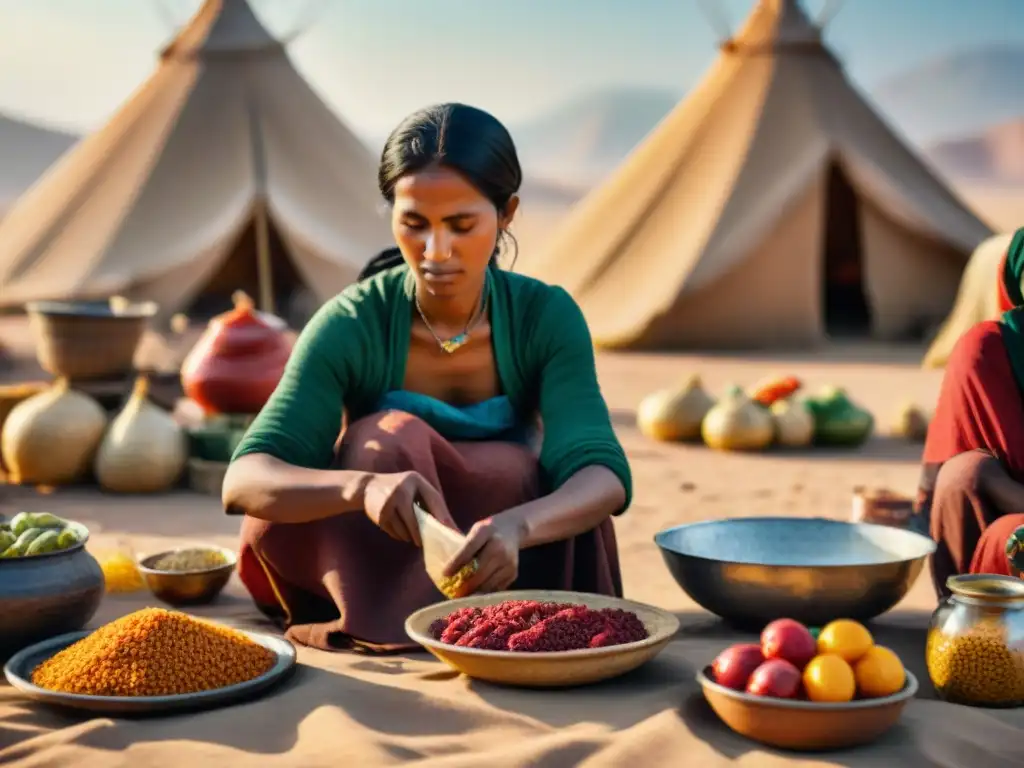 Imagen 8k detallada de tribu nómada en desierto conservando alimentos con métodos tradicionales, estrategias supervivencia