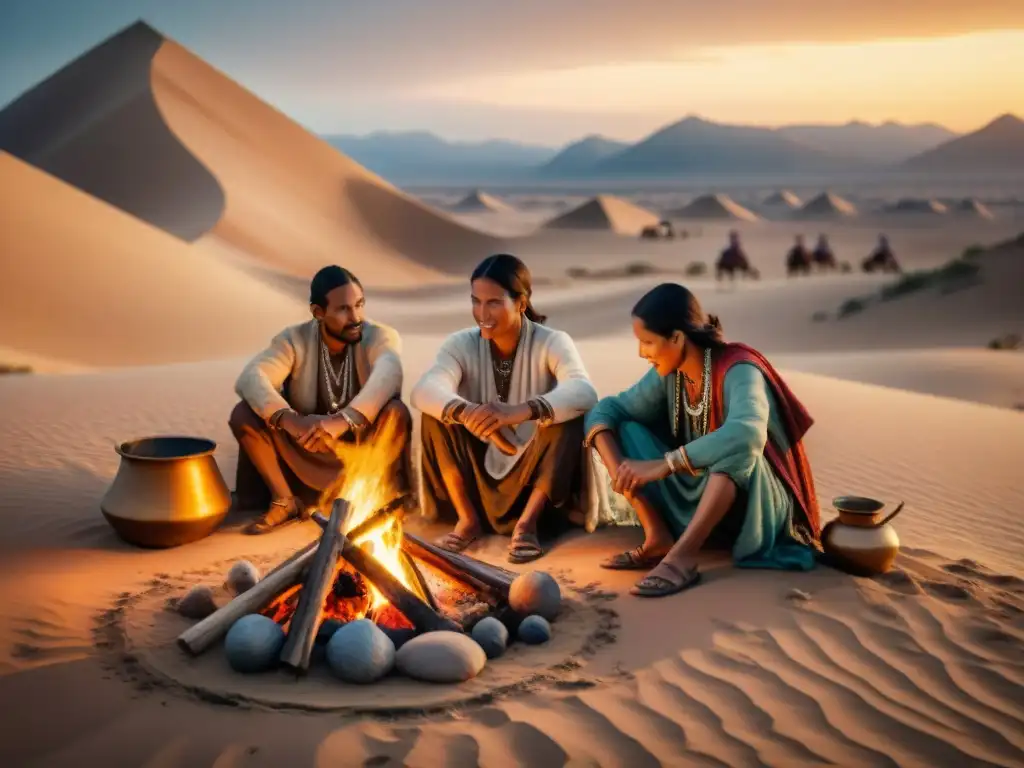 Imagen detallada de tribu nómada cocinando en desierto con técnicas culinarias tradicionales