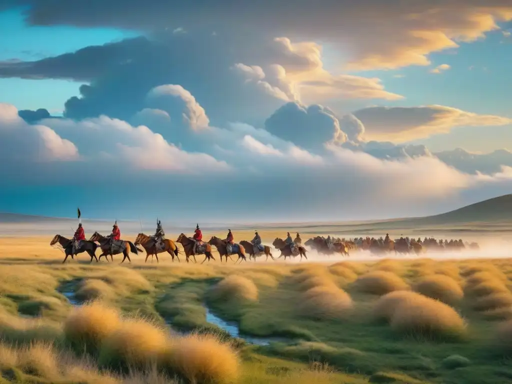 Imagen detallada en 8k de una vasta estepa antigua con tribus nómadas a caballo, sus tiendas coloridas bajo un cielo lleno de nubes