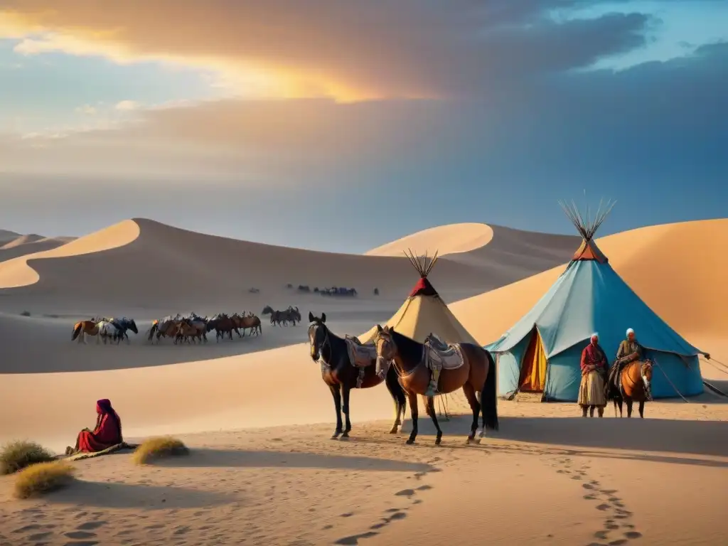 Una imagen impactante de una tribu nómada en el desierto con sus caballos, reflejando la relación sagrada entre ellos