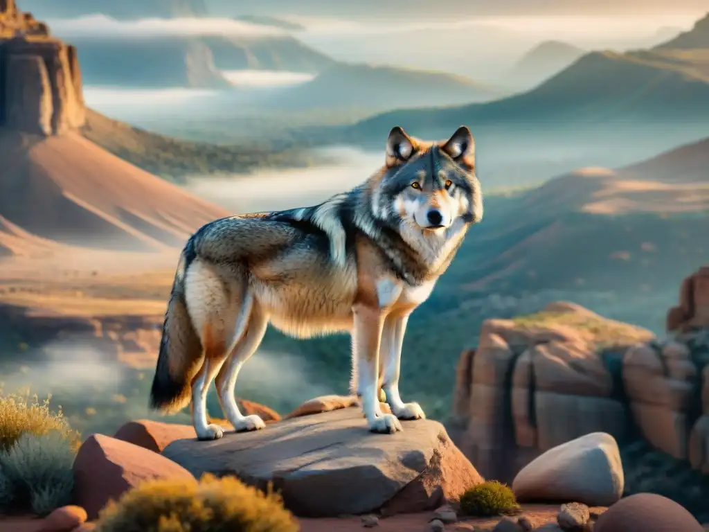 Imagen de un lobo majestuoso en un acantilado rocoso, con un paisaje místico