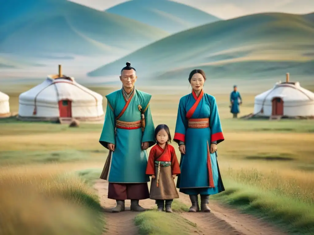 Una imagen nostálgica de una familia nómada en las estepas de Mongolia, con yurtas y paisajes infinitos bajo un cielo azul