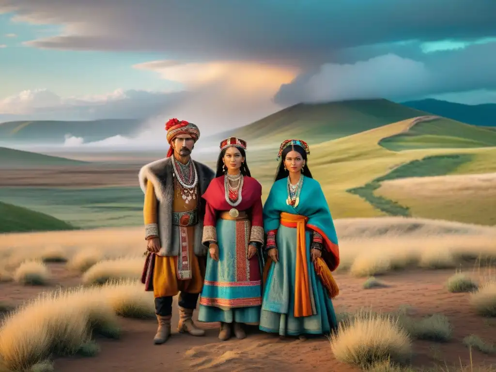 Una imagen nostálgica de tribus nómadas en la vasta estepa, vistiendo colorida y elaborada ropa tradicional