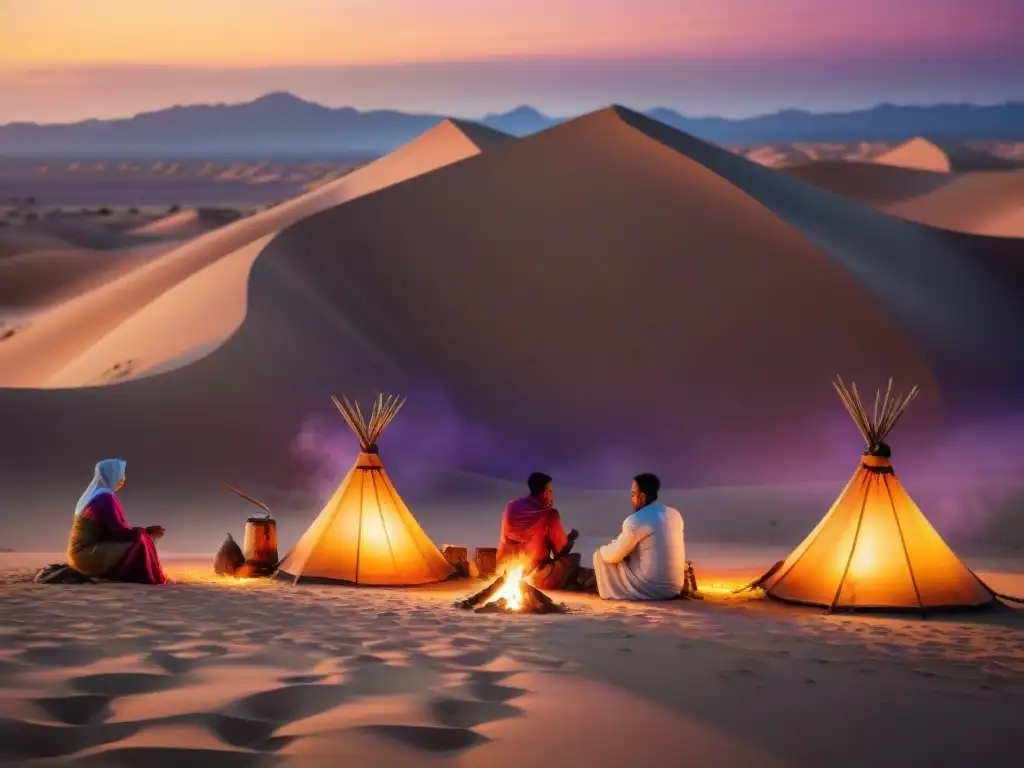 Imagen de tribus nómadas en desierto al atardecer, transmitiendo historia, cultura y legado ancestral