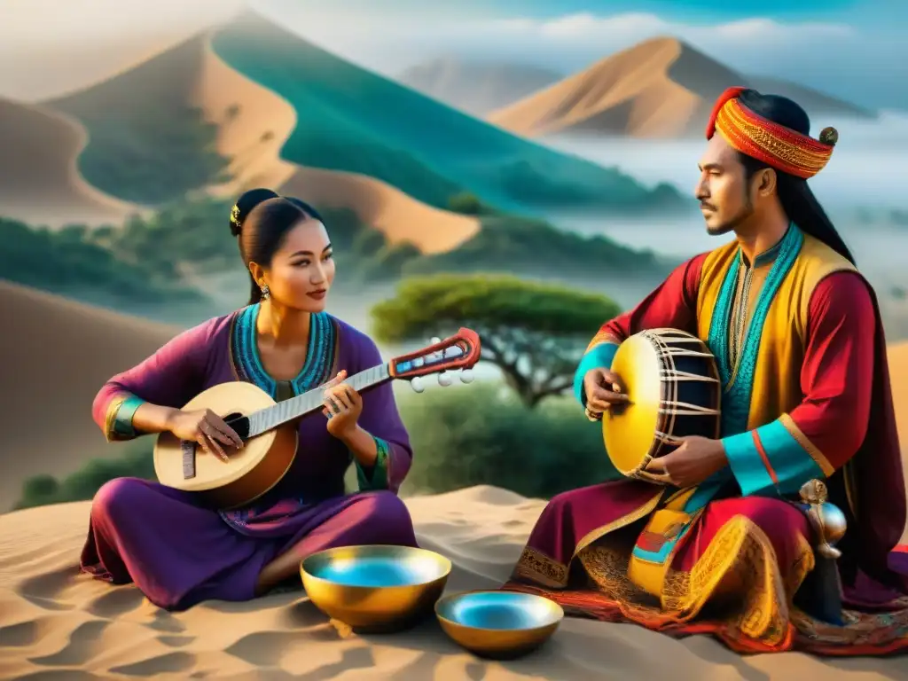 Interacción musical: tribus nómadas en la Ruta de la Seda Imagen de tribus nómadas tocando instrumentos tradicionales en un paisaje desértico, fusionando música intercultural a lo largo de la Ruta de la Seda