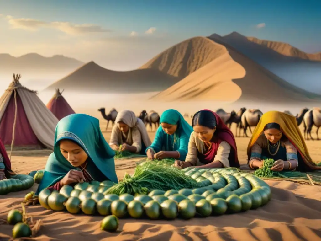 La imagen muestra a tribus nómadas cultivando seda con sus gusanos, resaltando la importancia cultural de estos