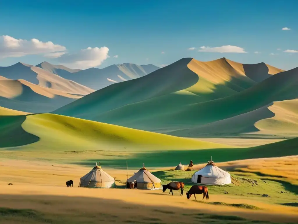 Impactante paisaje de tribus nómadas en la estepa de Mongolia, reflejando la armonía con la naturaleza