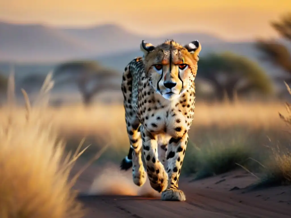 Una impactante fotografía de vida salvaje en movimiento: un guepardo en plena carrera por la sabana al atardecer, capturado en un estilo vintage