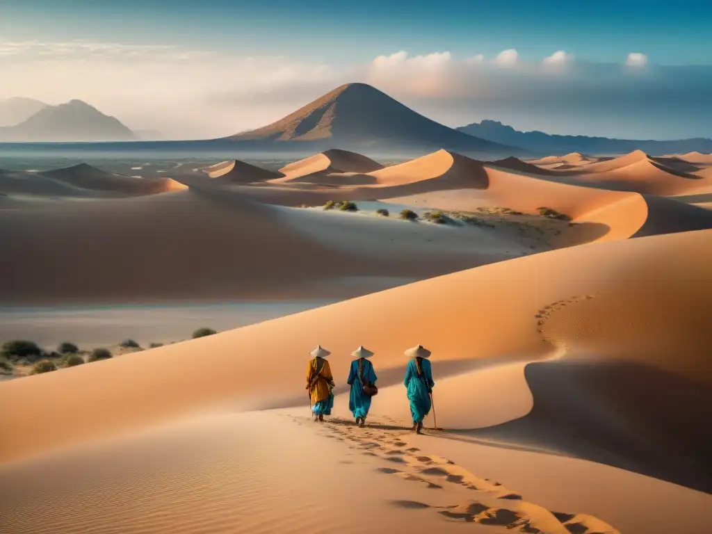 Una impactante fotografía vintage de tribus nómadas en un vasto desierto bajo un sol abrasador