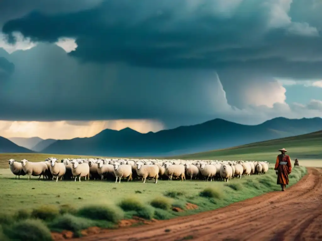 Impacto del cambio climático en pastizales nómadas: grupo de pastores nómadas llevando ovejas en tierras áridas bajo cielo tormentoso