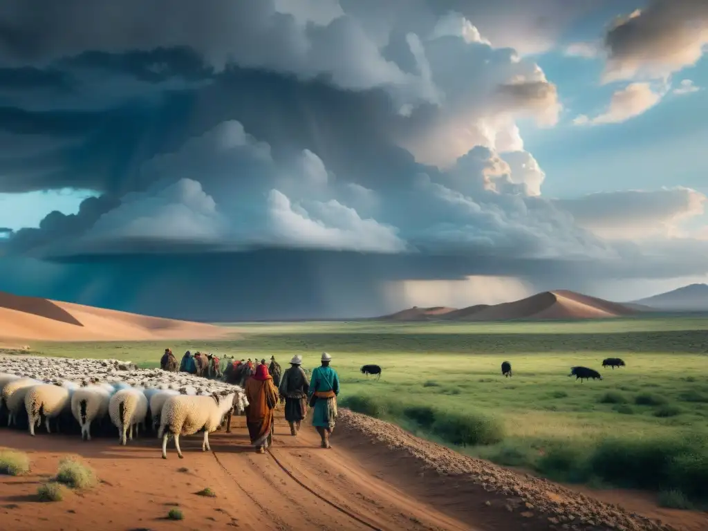 Impacto del cambio climático en los pastizales nómadas: herders guían sus ovejas bajo tormenta