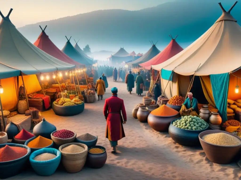 Mercado vibrante: intercambio cultural entre nómadas y sedentarios Impacto cultural entre sociedades nómadas y sedentarias en un bullicioso mercado de intercambio de bienes