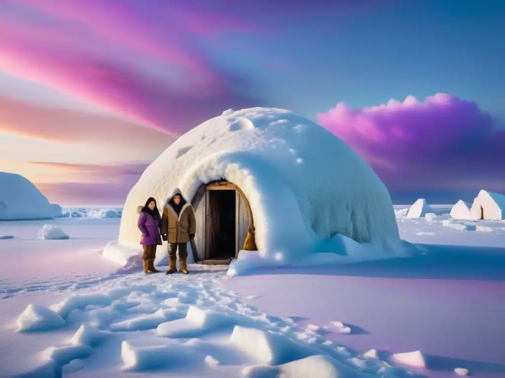 Impacto del deshielo en culturas nómadas: Familia inuit observa el paisaje ártico bajo atardecer rosa y morado, con oso polar al fondo