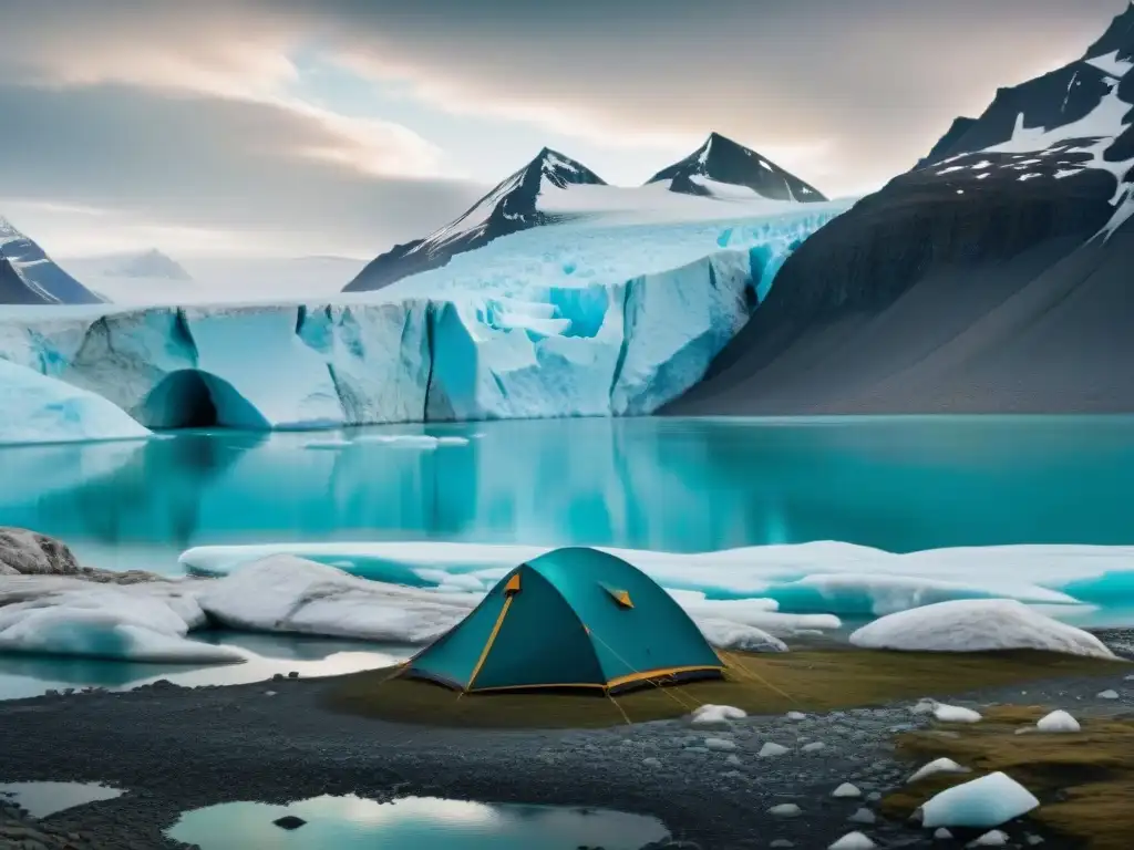 Impacto del deshielo en culturas nómadas: Glaciar majestuoso derritiéndose en lago turquesa rodeado de paisaje ártico nevado