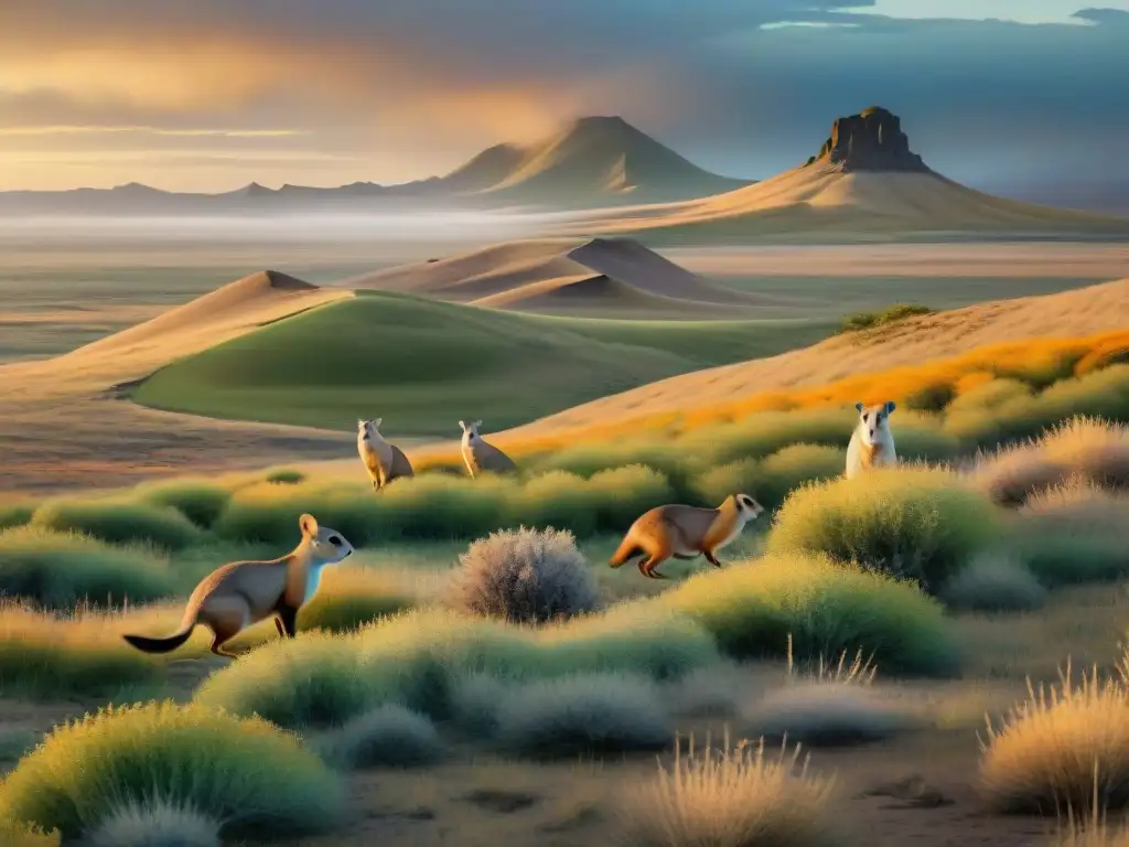 Invasión exótica en la estepa: la lucha por la supervivencia Impacto de especies exóticas: Ilustración detallada de la invasión en la estepa por flora y fauna extranjera, sobrepasando a las especies nativas