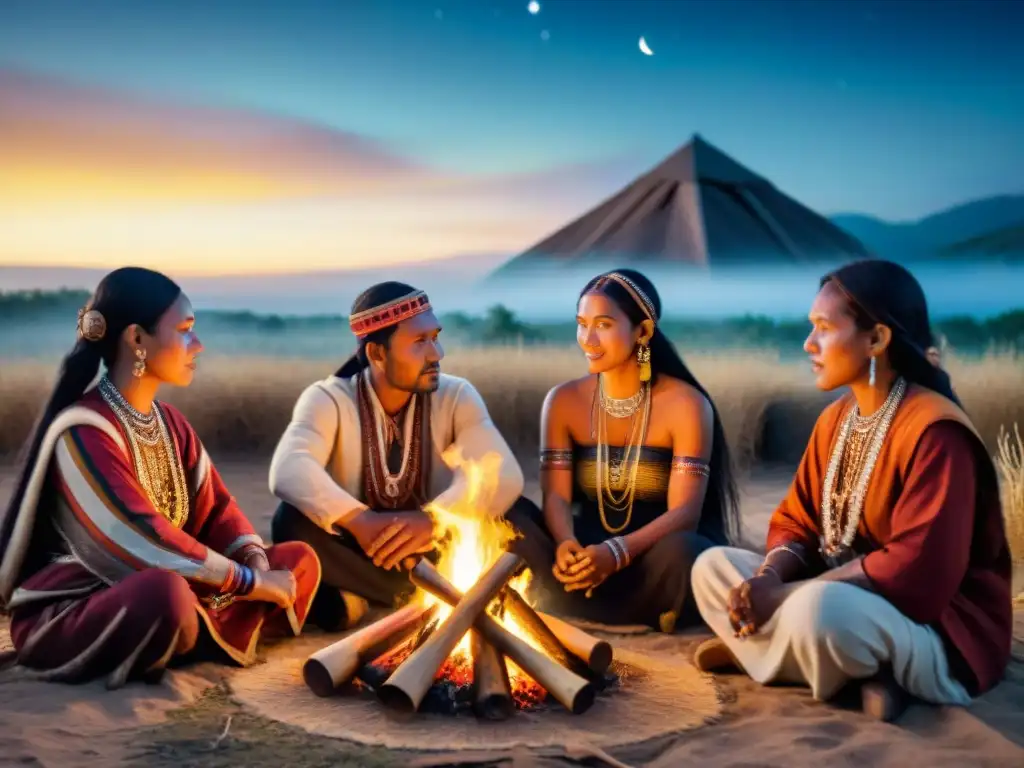 Impacto de la música tribal: Tribus nómadas reunidas alrededor de fogata, tocando instrumentos tradicionales bajo cielo estrellado