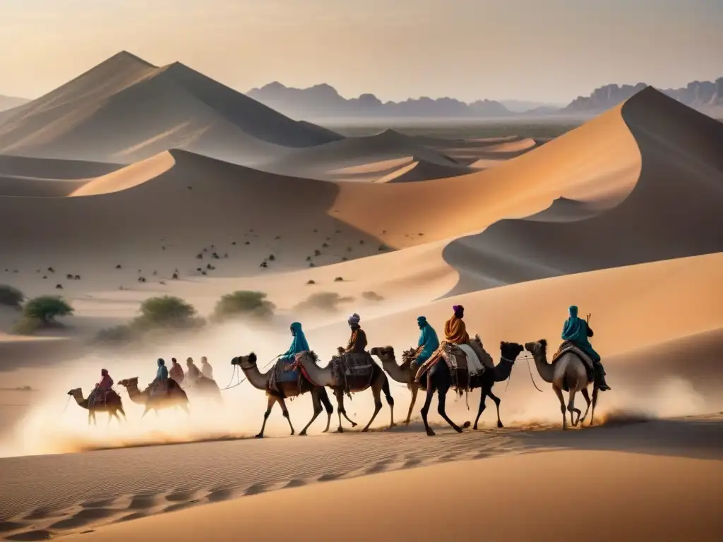 Historias ancestrales: pastores nómadas en el desierto al atardecer Impacto del pastoreo nómada en la desertificación: Nomadas guían camellos al atardecer por el desierto dorado