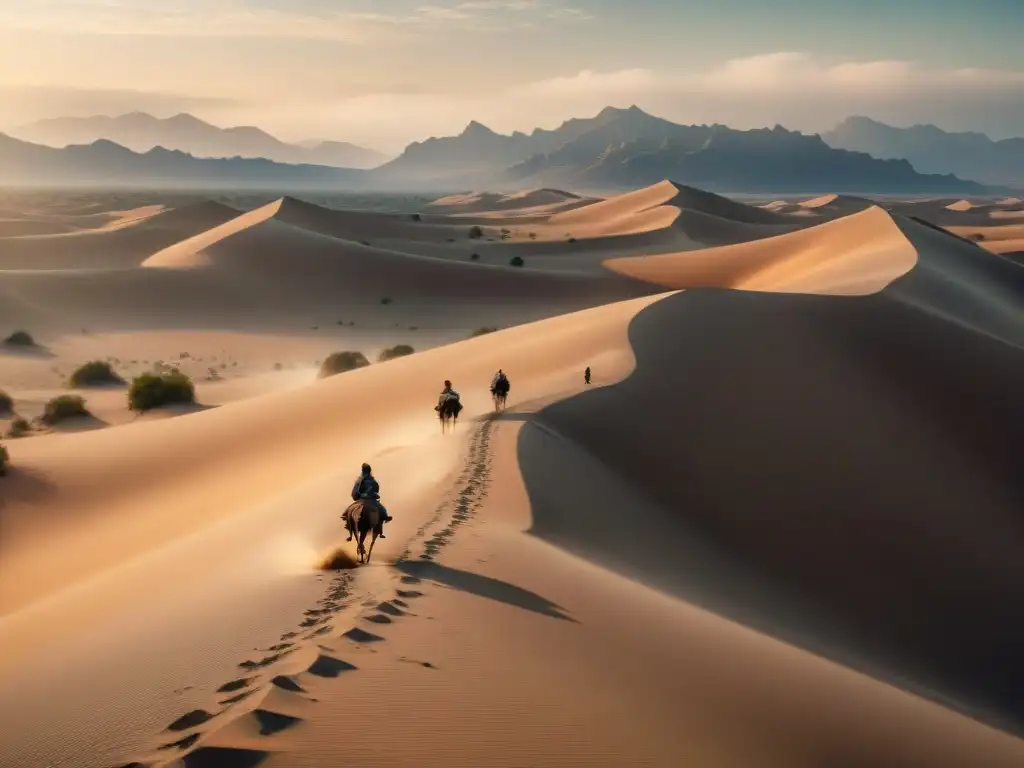 Desierto árido: pastores nómadas bajo el sol abrasador Impacto del pastoreo nómada en la desertificación de un vasto desierto árido con herders guiando ganado entre dunas bajo el sol abrasador