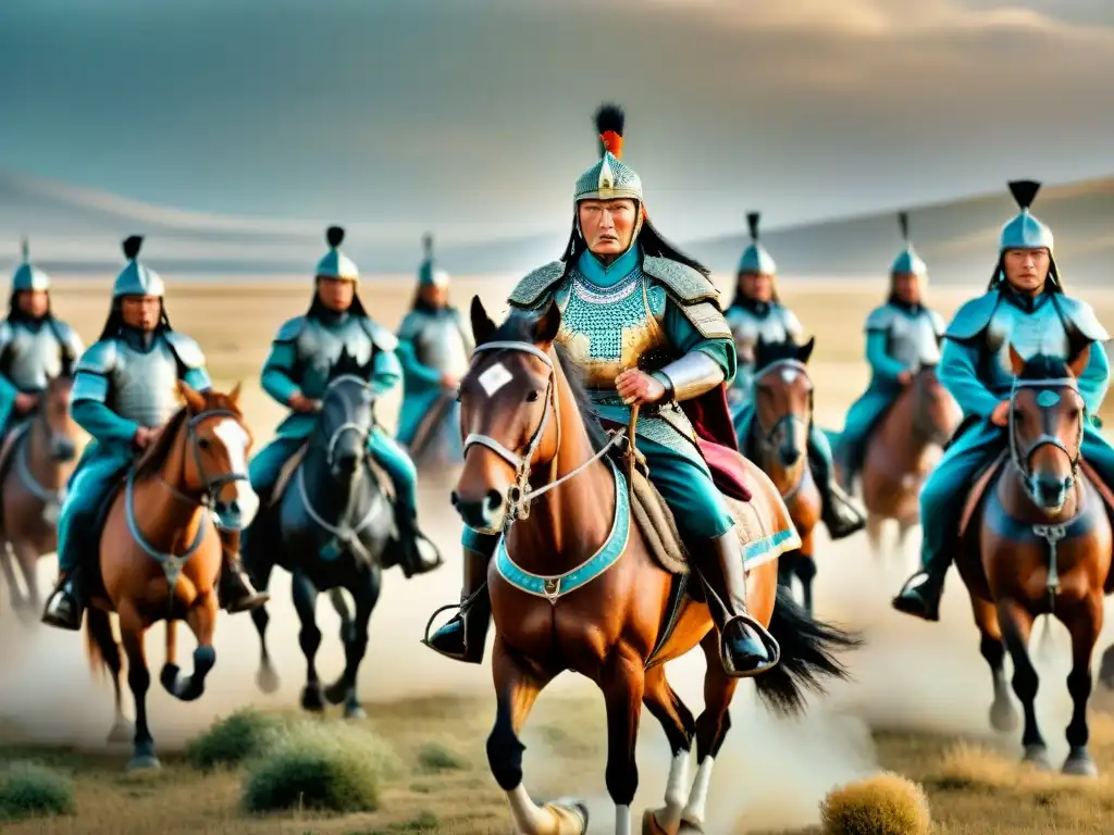 La imponente caballería de Genghis Khan en plena carga por la estepa mongola, exhibiendo sus tácticas de guerra