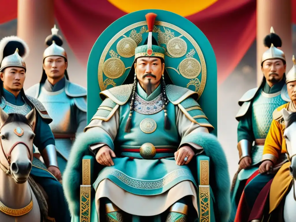 Imponente ilustración detallada del Emperador Genghis Khan y sus estrategias de gobernanza en el Imperio Mongol