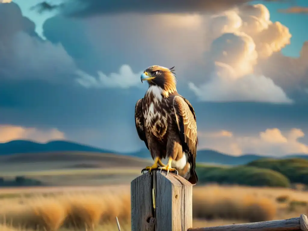 Imponente águila esteparia en poste de madera, con ojos agudos y vastas estepas doradas al fondo, destacando su plumaje detallado