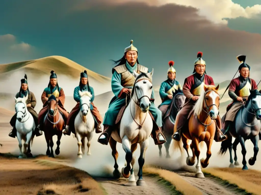 La imponente figura de Gengis Khan a caballo, liderando su ejército en las vastas estepas mongoles, con tribus nómadas siguiéndole