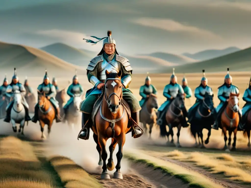 Imponente imagen de Genghis Khan liderando a jefes nómadas en las estepas de Mongolia