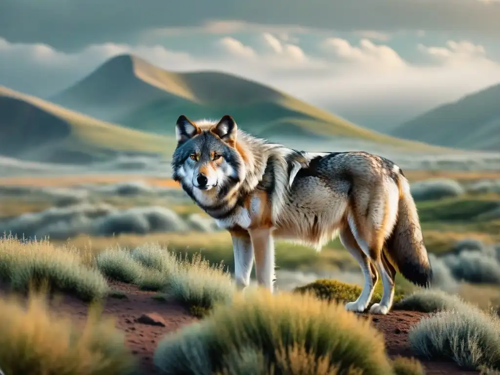 Imponente lobo en estepas: símbolo de la importancia del lobo en el ecosistema de la estepa, mostrando fuerza y conexión con la naturaleza salvaje