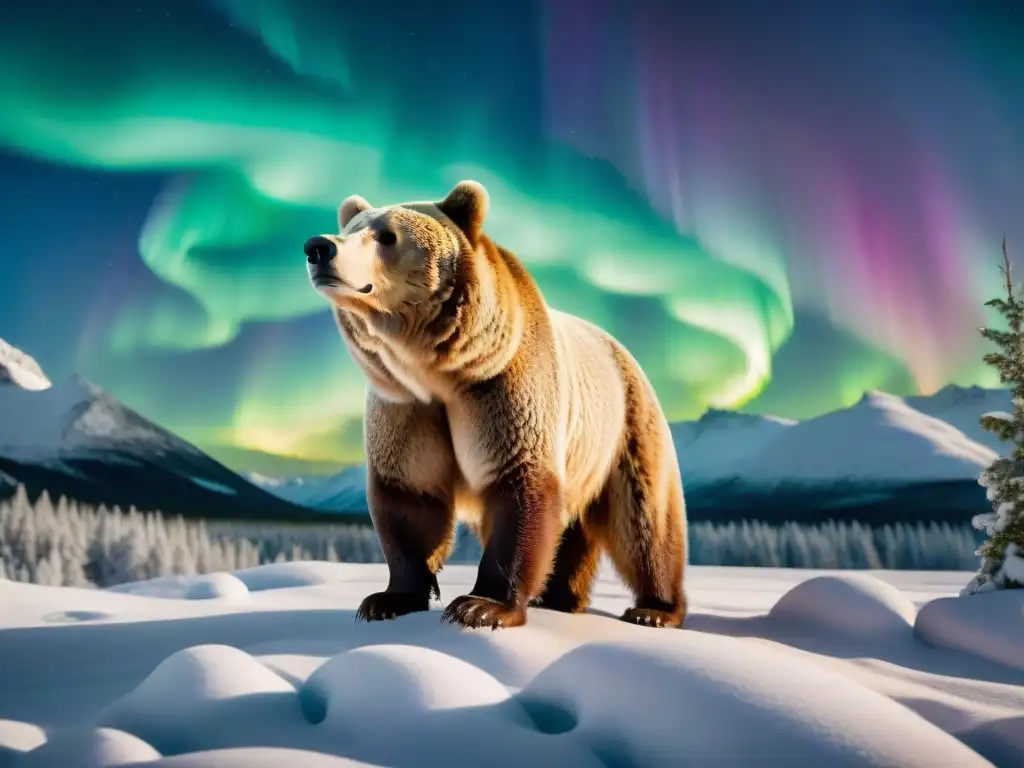 Un imponente oso protector de las tribus nómadas, con símbolos tribales y la aurora boreal de fondo