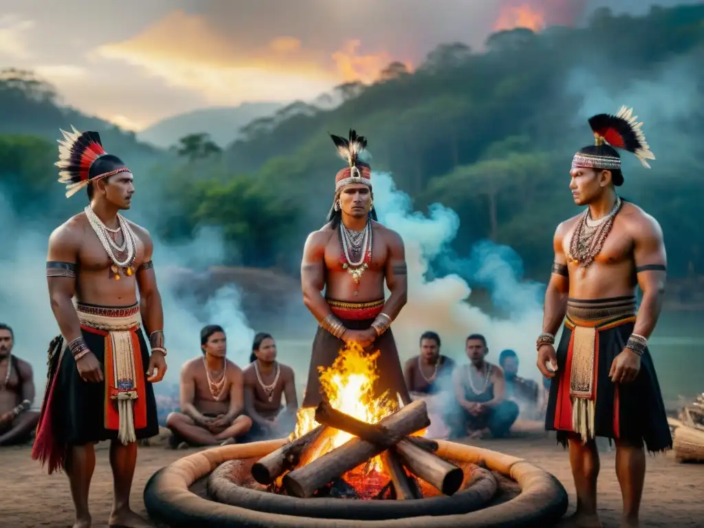 Importancia de ceremonias en la identidad de tribus: miembros tribales alrededor de fogata en bosque al atardecer