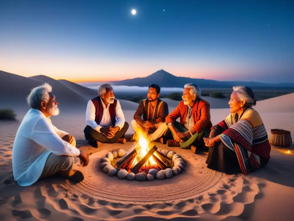 Viejos sabios comparten historias ancestrales alrededor del fuego Importancia de las historias orales tribales: Ancianos comparten relatos ancestrales alrededor de fogata en noche estrellada