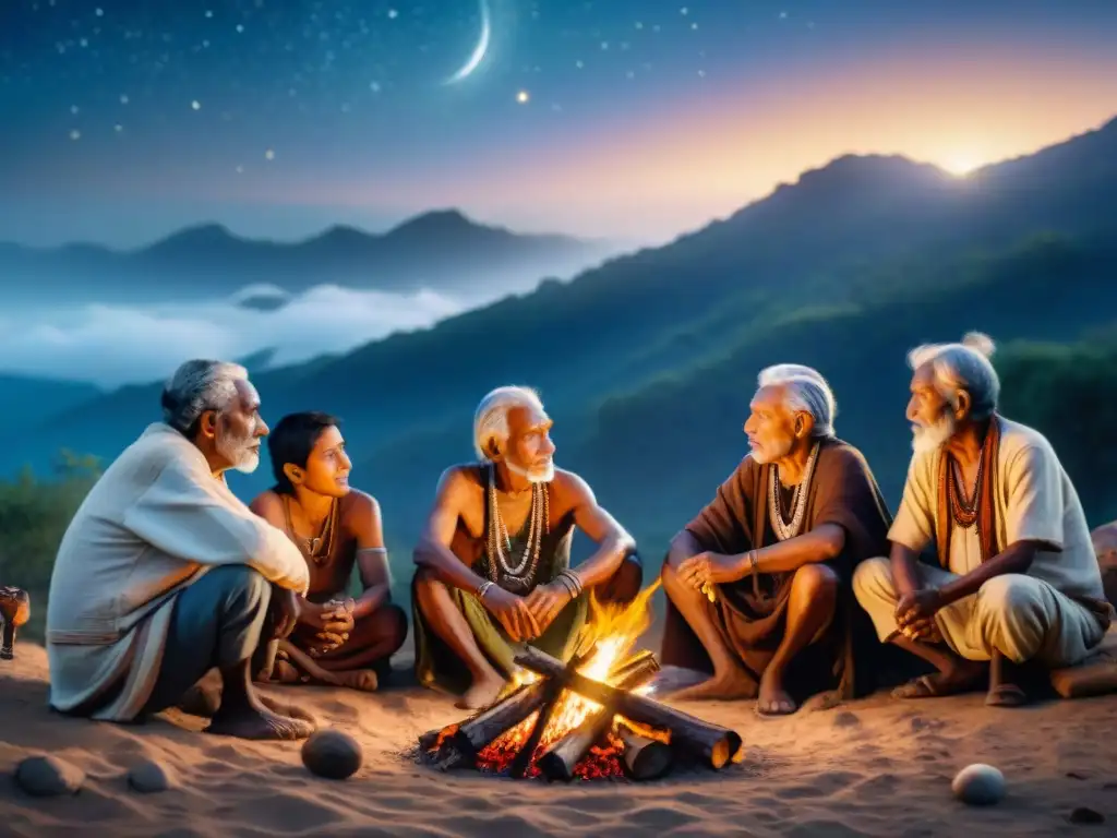 Consejos ancestrales alrededor del fuego: sabiduría tribal en 8k Importancia de las historias orales de tribus: Ancianos tribales comparten relatos alrededor de la hoguera en la noche estrellada