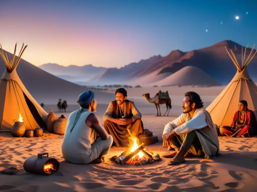 Relatos ancestrales junto al fuego en desierto Importancia de las historias orales en tribus nómadas alrededor de la hoguera estrellada